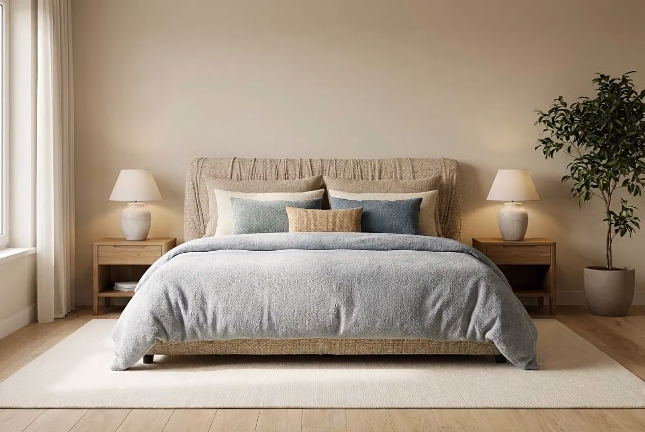 Araco Atelier Axis Upholstered Wicker Bed in Beige or Blue