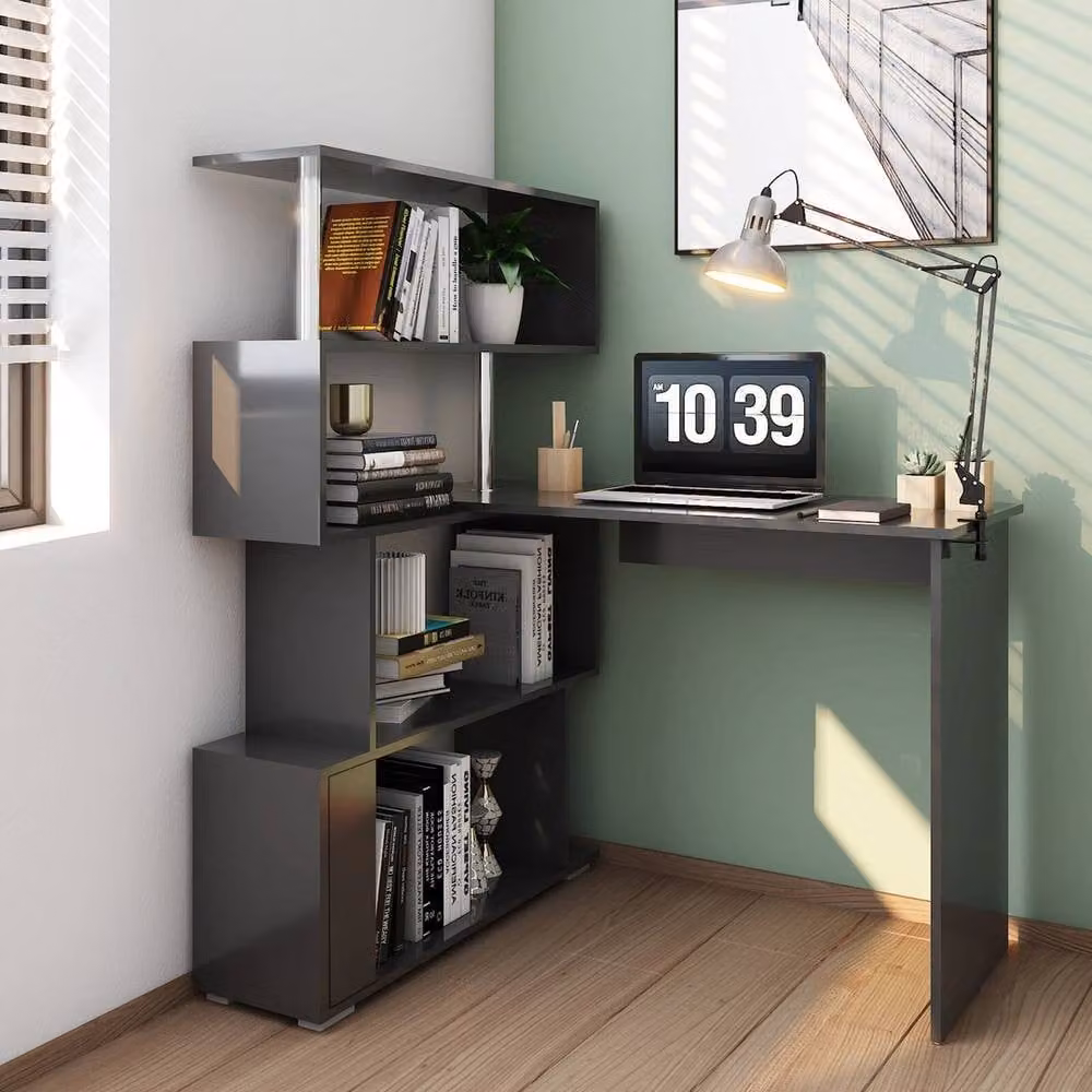 FORGEVIO L-Shaped Corner Computer Desk with Rotating Top and Shelving in Black – 4