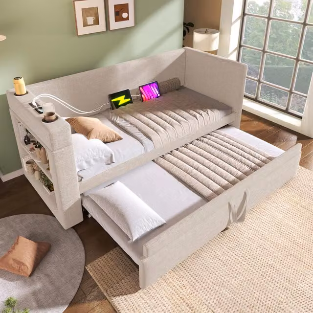 Aosom UK Beige Upholstered Single Daybed Sofa Bed with Cup Holders and USB/Type-C Charging Ports, W/D/H: 190 x 98 x 74 cm – 1