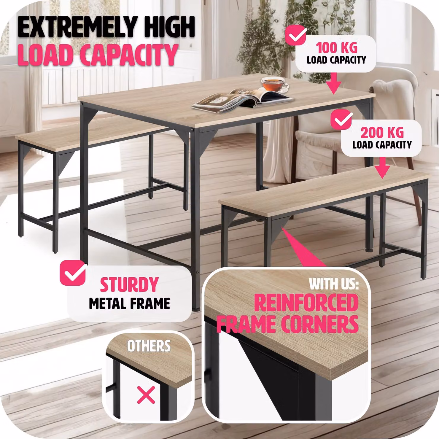 tectake Bolton 3-piece Dining Table Set with 2 Benches in Light Oak – 3