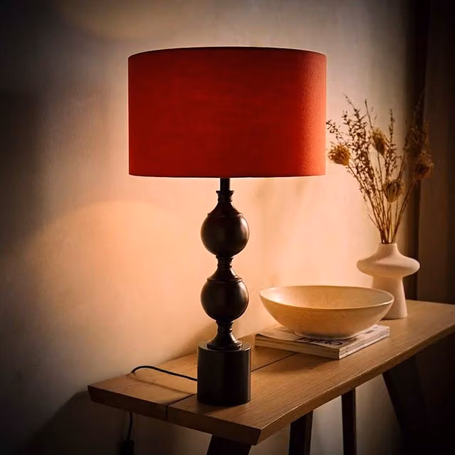 ValueLights Declan Candlestick Table Lamp with Fabric Drum Shade in Rust