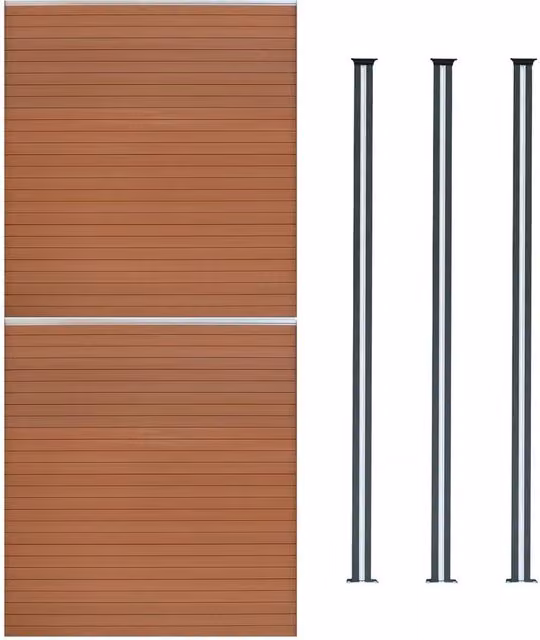 Monstershop Composite Fence Panel and Aluminium Post Set with Solar Powered LED Lighting, Brown Wood Grain, W: 353 cm, H: 185 cm – 1