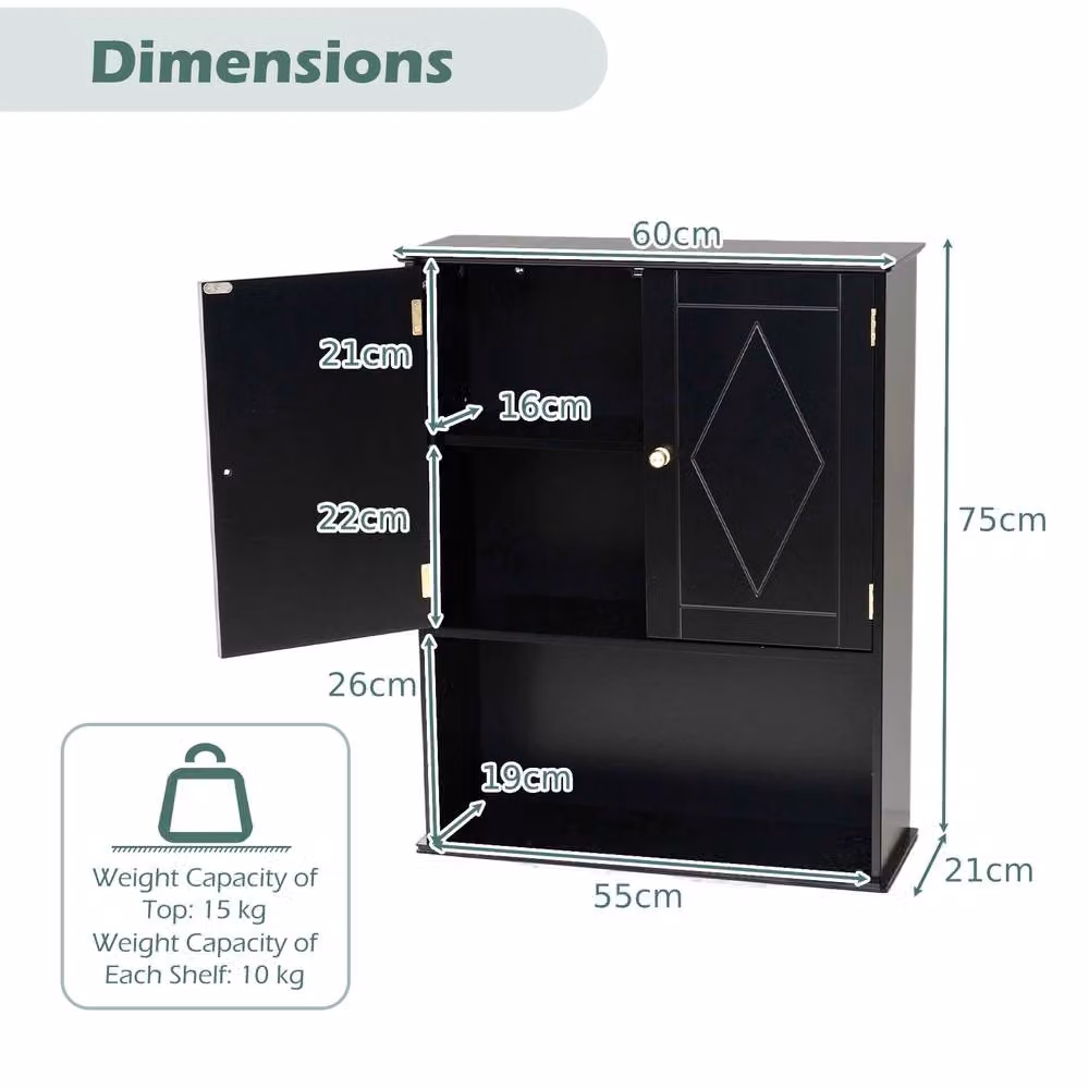 Costway Black Wooden Wall Mounted 2-Door Bathroom and Kitchen Medicine Cabinet with Internal Shelves – 2
