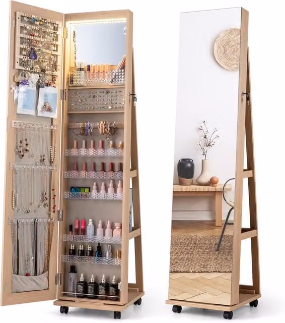 Costway Minimalist Brown Wood Jewelry Organizer Cabinet with Glass Hinged Doors and LED Lighting