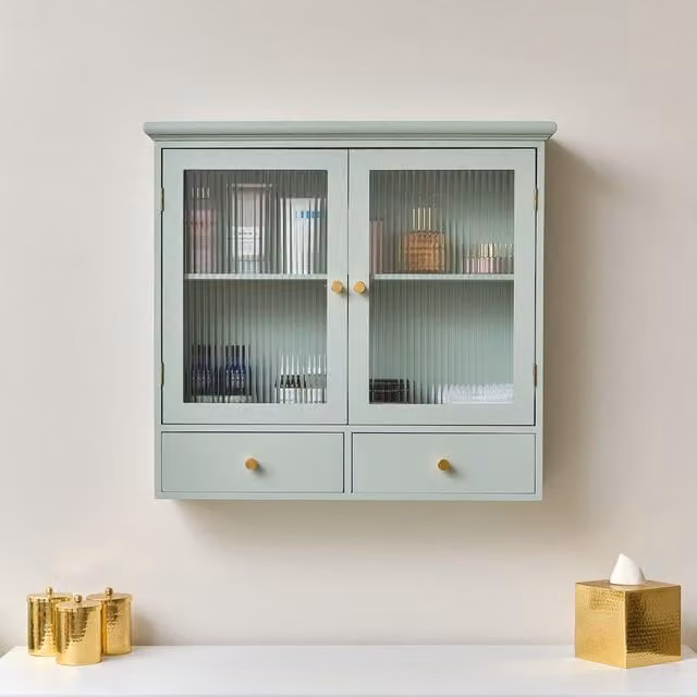 Melody Maison Blue and Gold Lacquered Wall Mounted Cabinet with Reeded Glass Doors and Internal Drawers