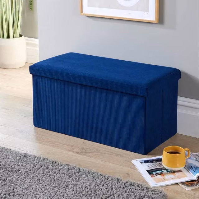 Home Source Corduroy Fabric Ottoman Storage Chest, Blue, W: 76 cm, D: 38 cm, H: 38 cm