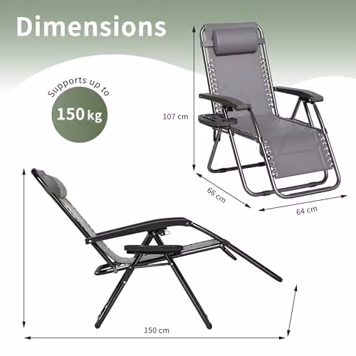 MCC Direct Set of 2 Zero Gravity Reclining Sun Loungers with Textilene Fabric, Cup Holders and Adjustable Headrests in Black and Grey – 3