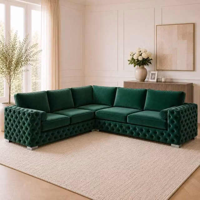 Stratus Interiors Ashley Chesterfield Full Back L-Shape Corner Sofa in Dark Green Plush Velvet Fabric – 1