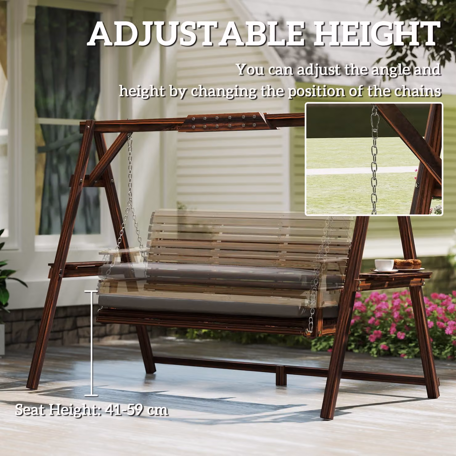 Outsunny 3 Seater Wooden Garden Swing Seat with Cushions and Side Trays, Carbonised Brown – 7