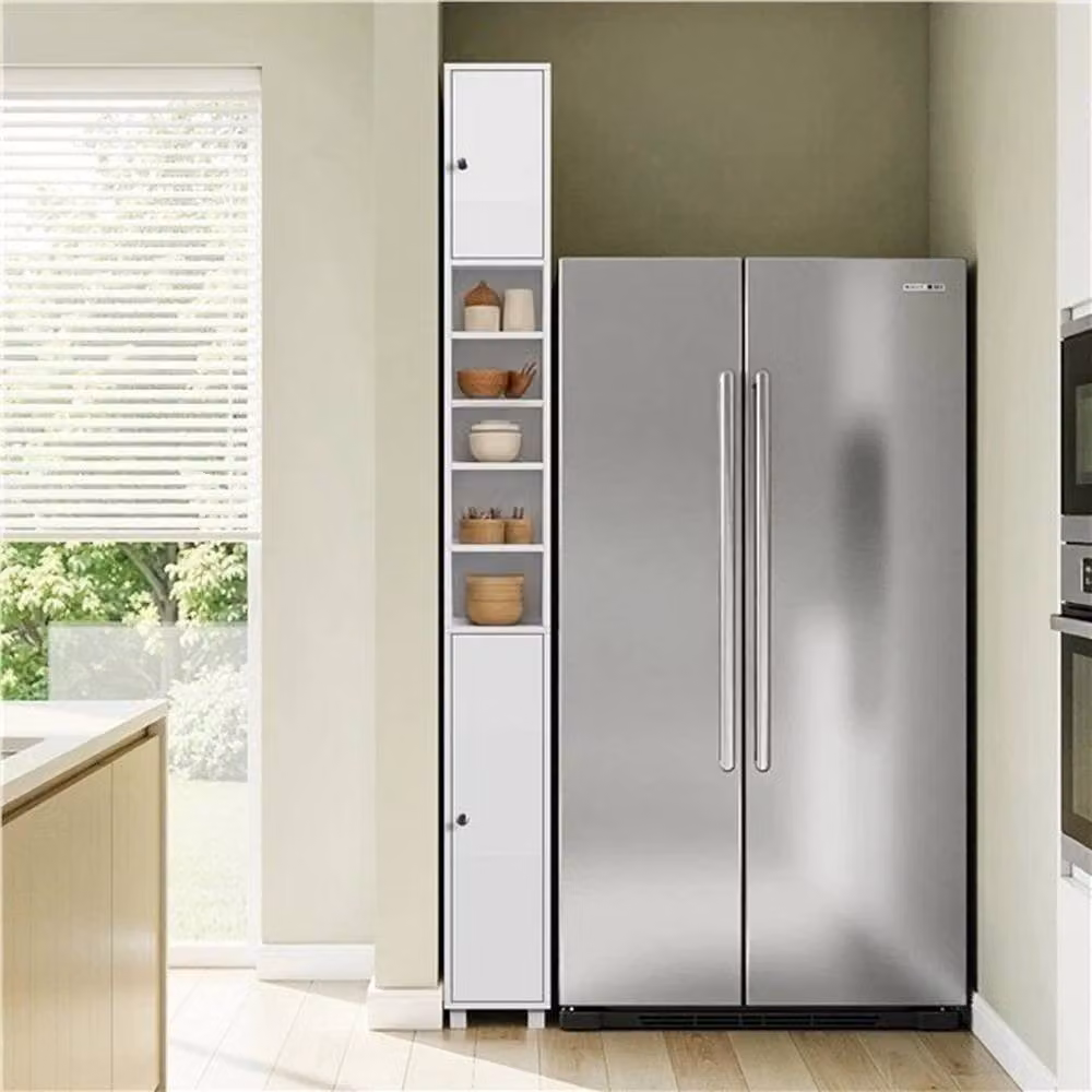 KORVIXA Freestanding White Matt Bathroom Storage Cabinet with Hinged Doors and Open Shelf, W: 60 cm, H: 75 cm – 2