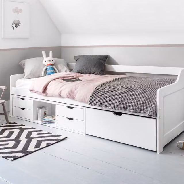 Noa and Nani Eva Day Bed with Pull out Drawers and Shelves in White Solid Pine Wood