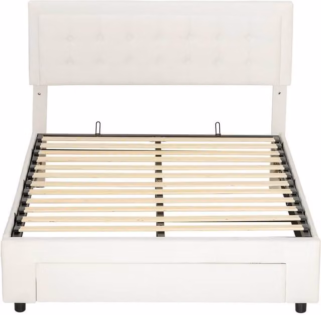 ERGOVEXA Double Ottoman Bed Frame with Lift Up Base and Front Drawer, Cream Velvet Fabric, W/D/H: 140 x 190 x 104 cm