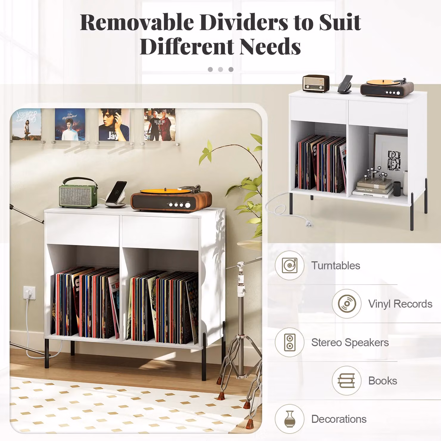 Costway Double Wide Record Player Stand with Power Outlets and Media Compartments in White – 4