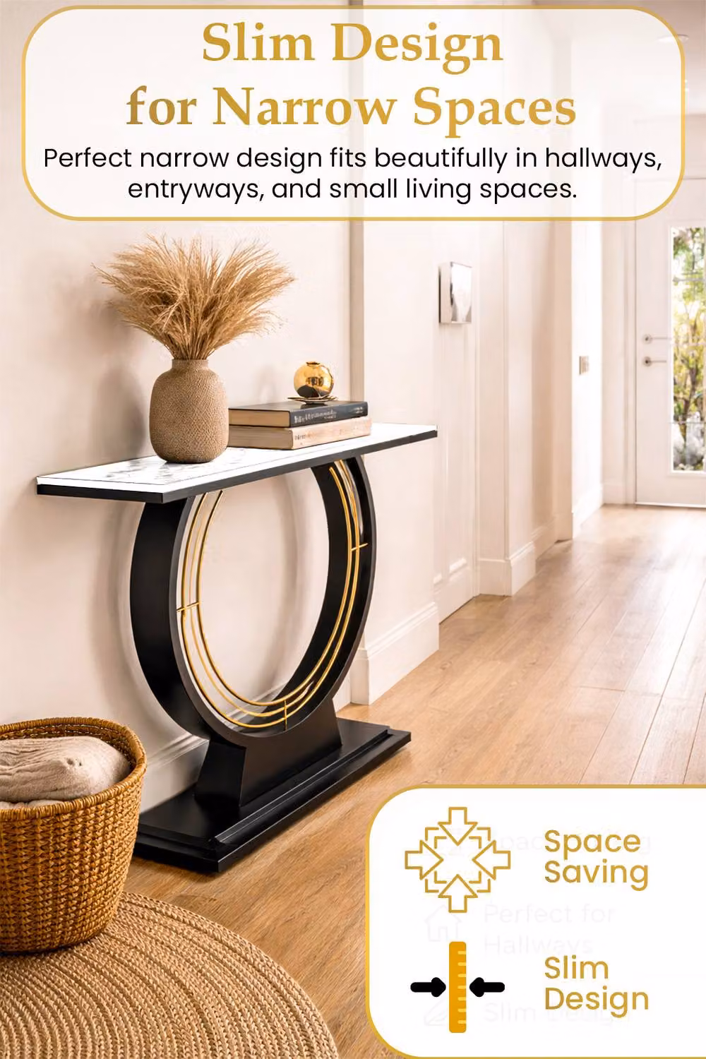 Hygrad Built to Survive Slim Marble Effect Sintered Stone and Metal Console Table in White and Black, Width: 120 cm – 2