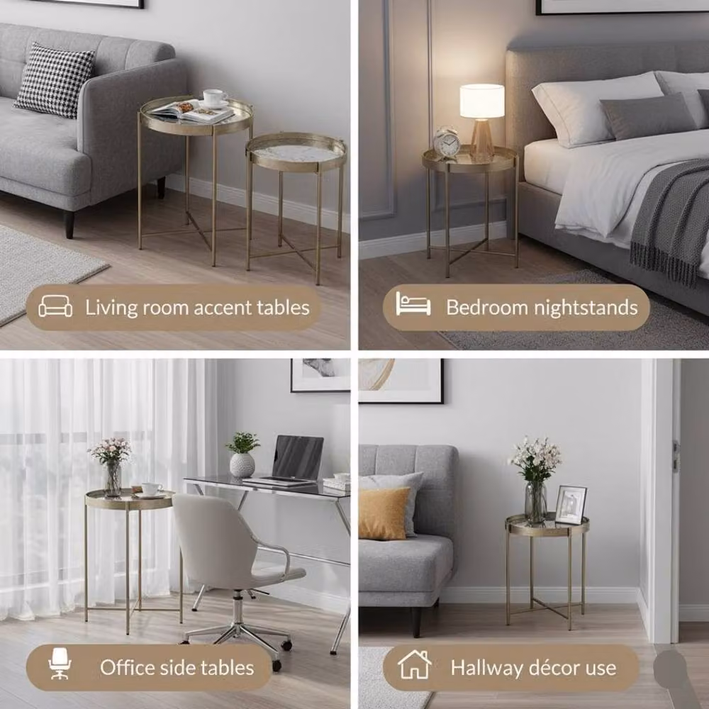 Minster Stylish Living Ltd Set of 2 Art Deco Nested Round Tables with Gold and Silver Abstract Marble Pattern Tops – 3