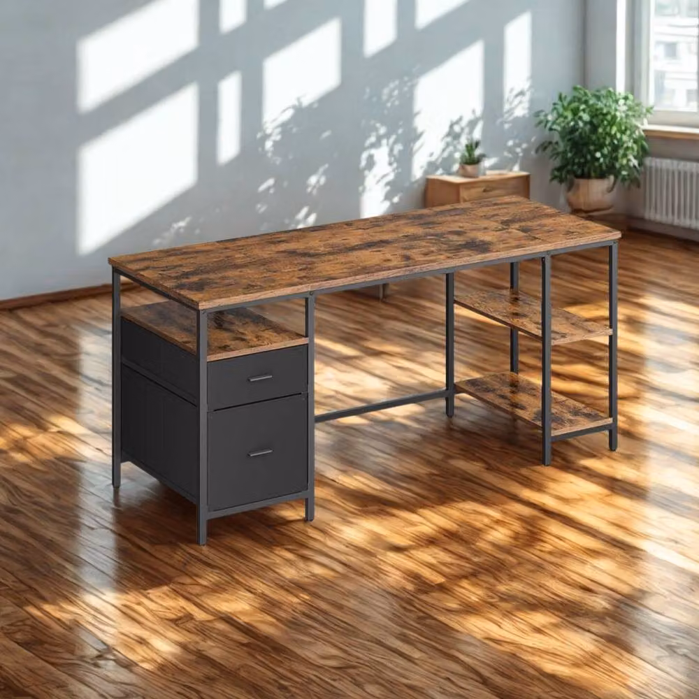 Pirlo Plush Industrial Computer Desk with Storage Shelves, Brown, W: 140 cm, D: 60 cm, H: 50 cm – 2