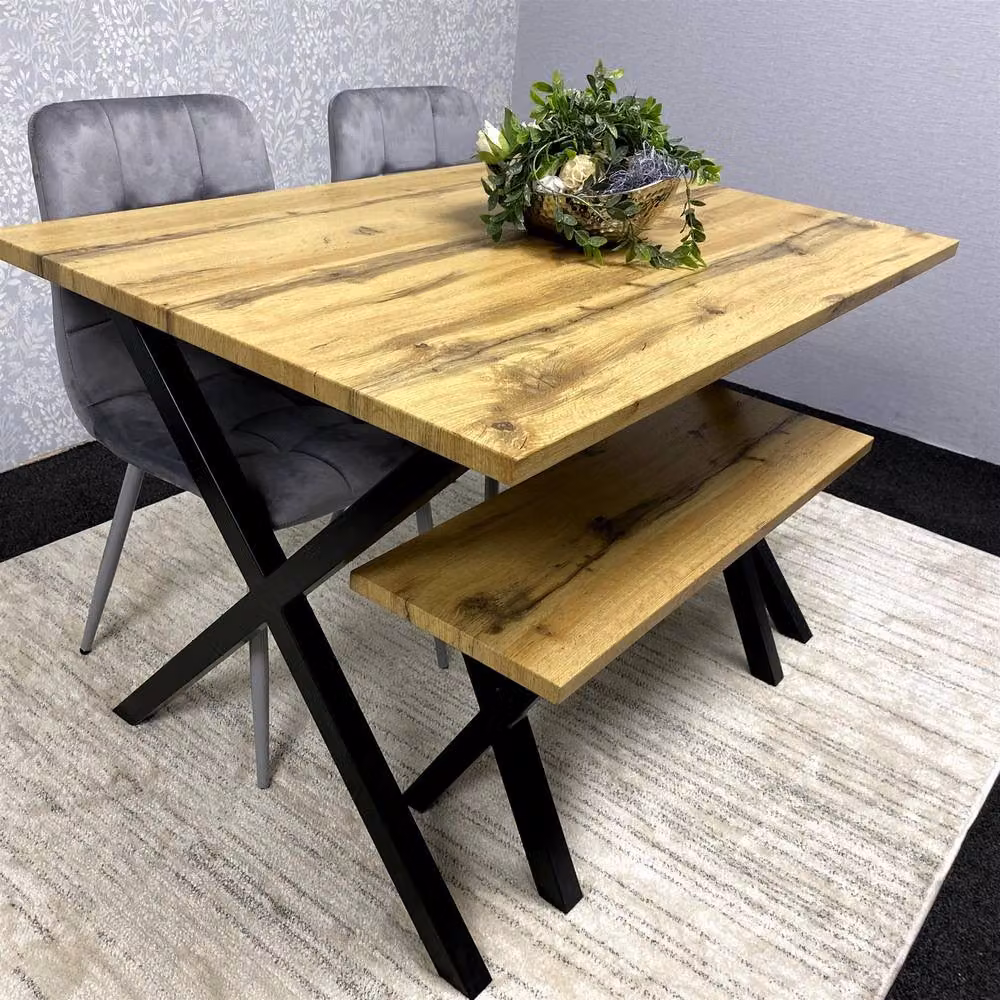 KOSY KOALA Brown Wooden Dining Set with 2 Grey Velvet Chairs and Bench – 4