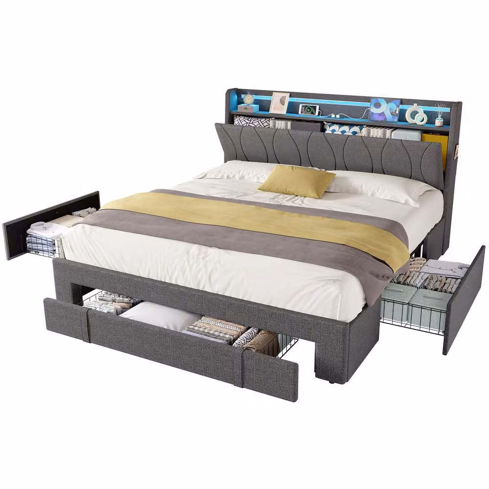 BTM Grey 4ft6 Double Upholstered Bed with Storage Drawers, LED Headboard and USB Charging Port, W/D/H: 140 x 190 x 142 cm – 2