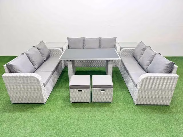 Fimous Modern Rattan Garden Furniture Set with 2 Side Tables and Small Stool in Light Grey