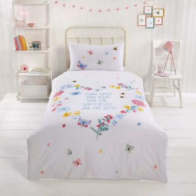 Rapport Home PH Butterflies Bees Floral Reversible Duvet Set with Pillowcase, Multicolour/White, Duvet Cover: 140 x 200 cm, Pillowcase: 50 x 75 cm
