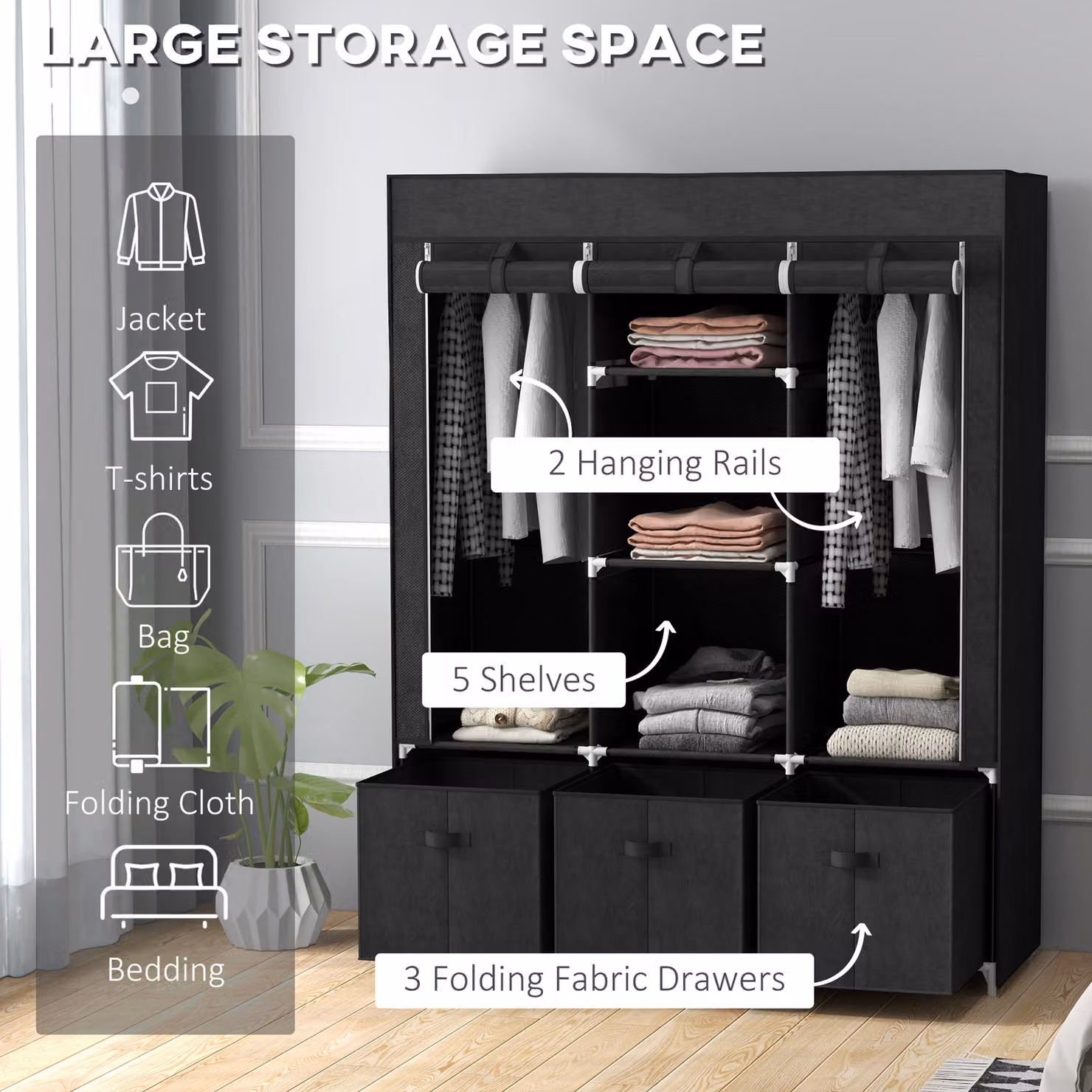 HOMCOM Foldable Fabric Wardrobe in Black with 5 Shelves, 2 Hanging Rails and 3 Drawers – 4