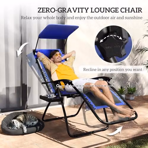 Outsunny Zero Gravity Lounger Chair with Sun Canopy and Adjustable Headrest in Blue – 4