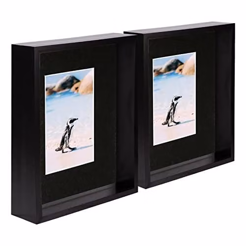 Nicola Spring Pack of 5 Black Rectangular 3D Deep Box Wooden Photo Frames with 4 x 6 inch Mount for Hanging or Standing Display