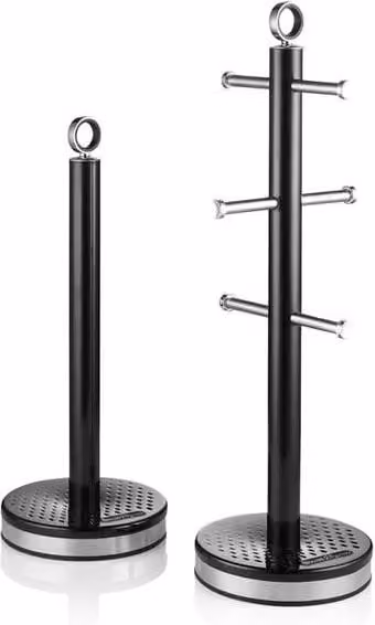 Swan Elegance Kitchen Towel Pole and 6 Cup Mug Tree Set in Black with Stainless Steel Accents and Non-Slip Weighted Bases