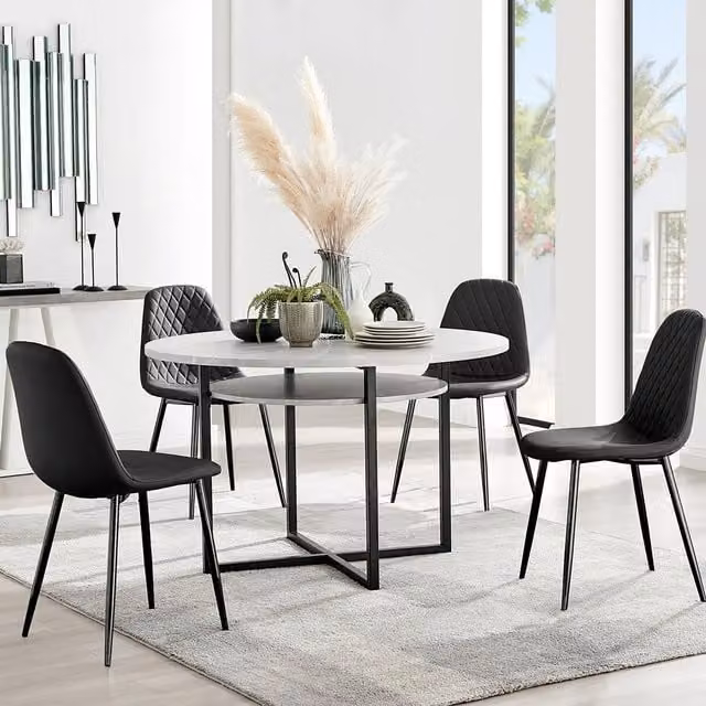 FurnitureboxUK Adley Grey Concrete Effect and Black Round Dining Table with Shelf and 4 Corona Faux Leather Dining Chairs
