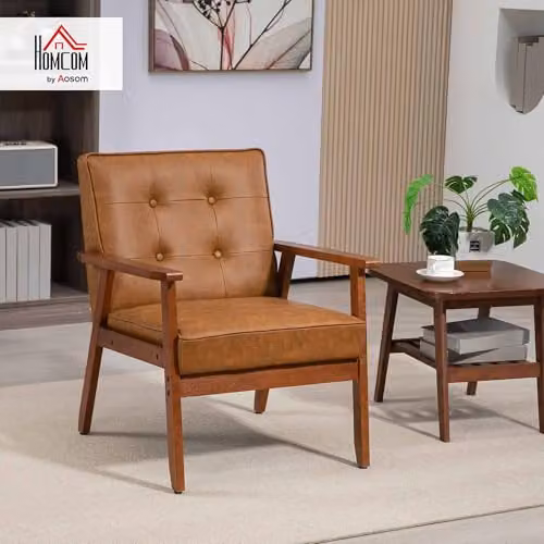 HOMCOM Retro PU Leather Armchair with Armrests and Solid Rubberwood Frame in Brown – 2