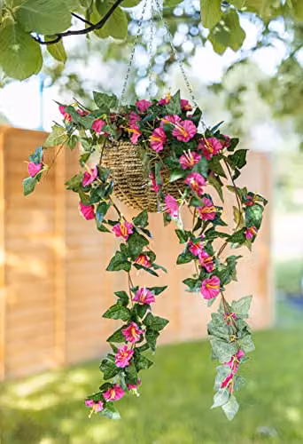 Garden Mile Artificial Trailing Faux Floral Hanging Basket with Purple and Pink Flowers and Leaves – 1