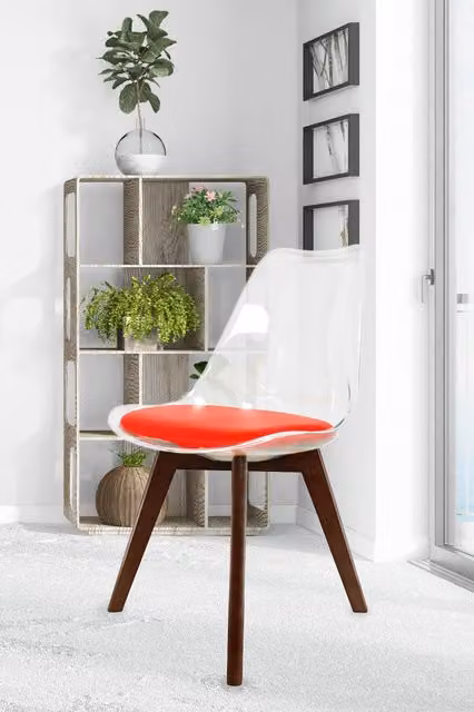Fusion Living Soho Red Transparent Plastic Dining Chair with Dark Wood Legs