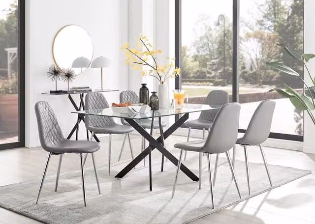 FurnitureboxUK Leonardo Black Leg Glass Dining Table with 6 Corona Silver Chairs in Grey