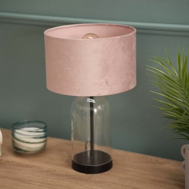 ValueLights Jessy Black Glass and Metal Table Lamp with Blush Pink Velvet Shade – 1