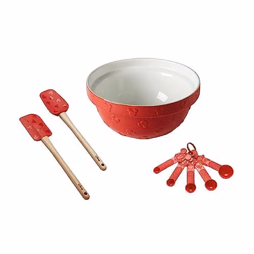 Prestige Disney Bake Mickey Mouse Red Ceramic Mixing Bowl and Silicone Kitchen Utensils Set