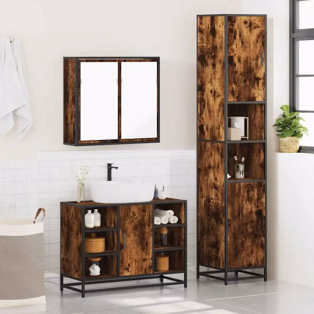 Berkfield Home 3 Piece Industrial Bathroom Furniture Set in Brown Smoked Oak – 3