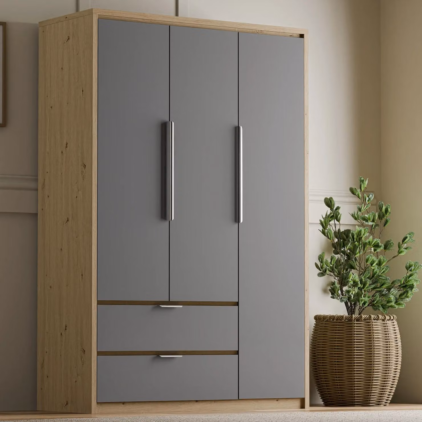 Skova 3 Door Wardrobe with Drawers, Shelves and Clothes Rail, Grey
