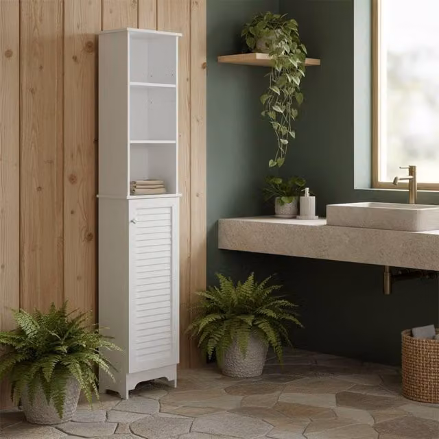 Wyld Haus Nesaco Slim Tall Bathroom Storage Cabinet in White with Roll Shutter Door