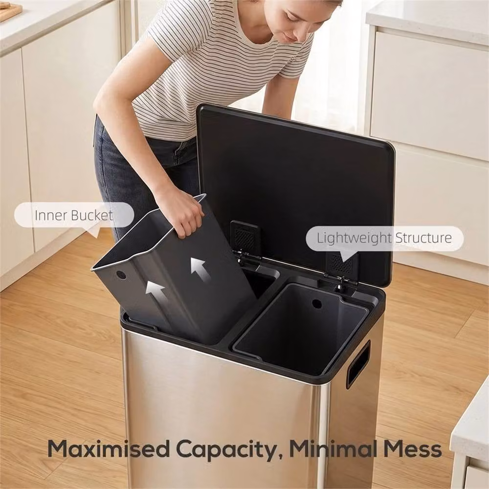 KORVIXA Double Kitchen Pedal Bin, 2 x 30L, Silver Stainless Steel, W: 100 cm x D: 60 cm x H: 100 cm – 1