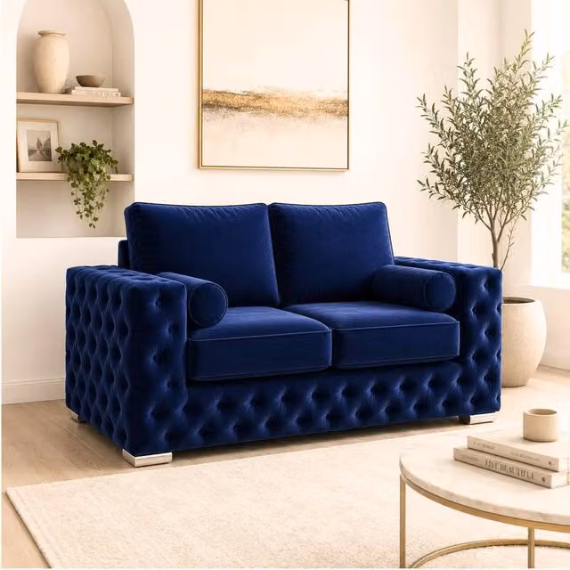 Stratus Interiors Ashley Tufted Chesterfield 2 Seater Fabric Living Room Sofa in Blue (W: 177.8 cm, H: 76.0 cm, D: 67.0 cm) – 1
