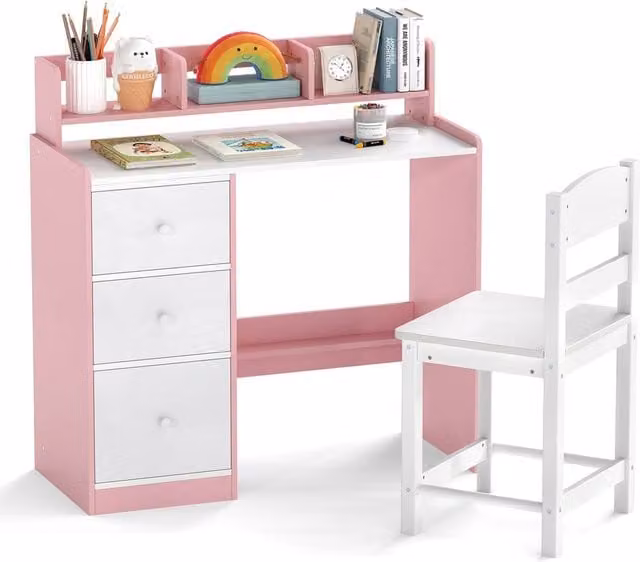 Costway Kids Study Desk and Chair Set with Wooden Hutch and Storage Shelf in Pink and Multicolour