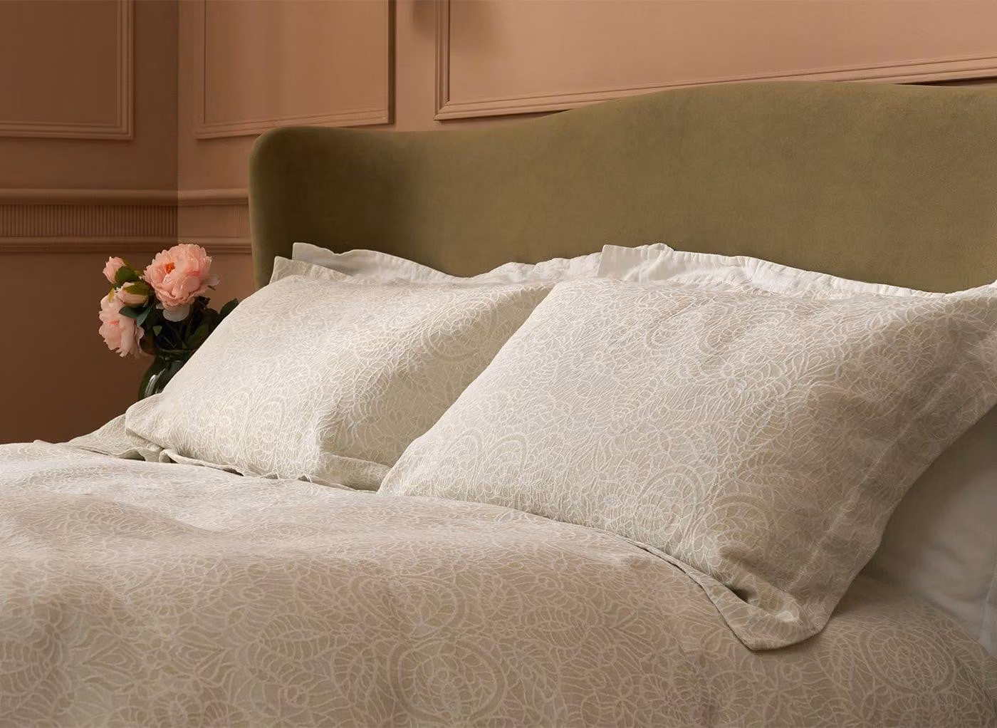 Feather & Black Elodie Natural Floral Jacquard Pillowcase Pair in Beige Cotton and Half Linen