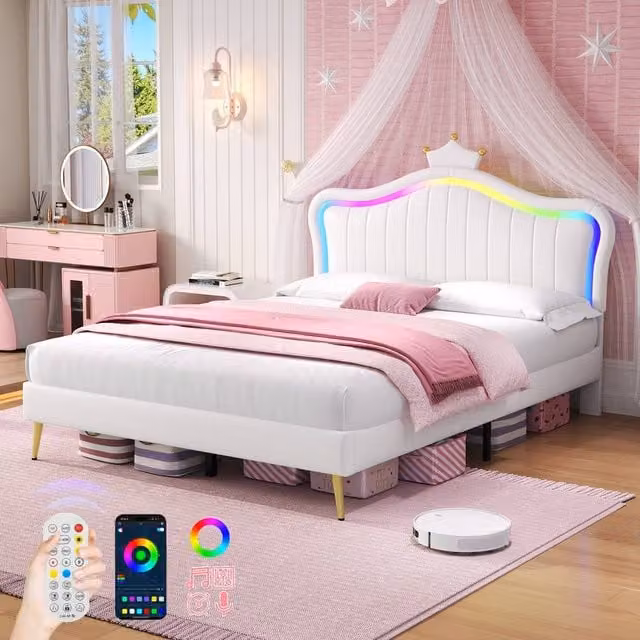 ModernLuxe Upholstered Double Bed with Adjustable LED Crown Headboard in White