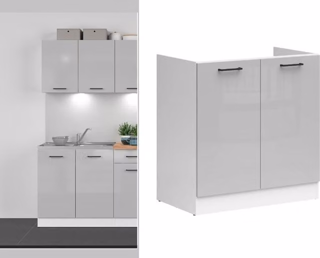 Junona Modern Freestanding Under Sink Kitchen Cabinet in Light Grey Gloss and White Matt