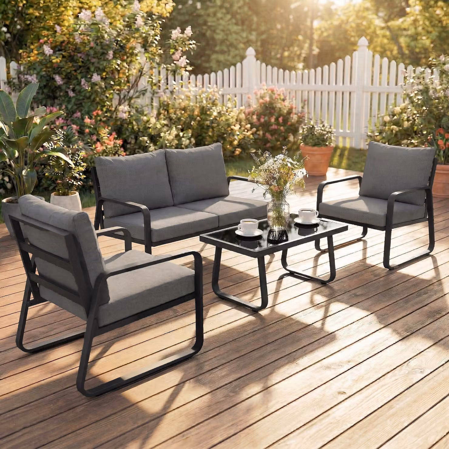 Outsunny 4 Piece Grey Garden Furniture Set with Upholstered 2 Seater Sofa, 2 Armchairs, Glass Top Coffee Table and Cushions – 2