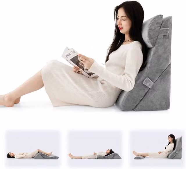 VOGREX 3-Piece Firm Wedge Pillow Set in Grey for Neck and Knee Support with Removable Cover