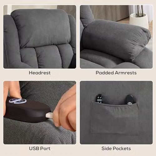 HOMCOM Grey Velvet Recliner Armchair with Powered Lift Assist, Heat and Vibration Massage – 7