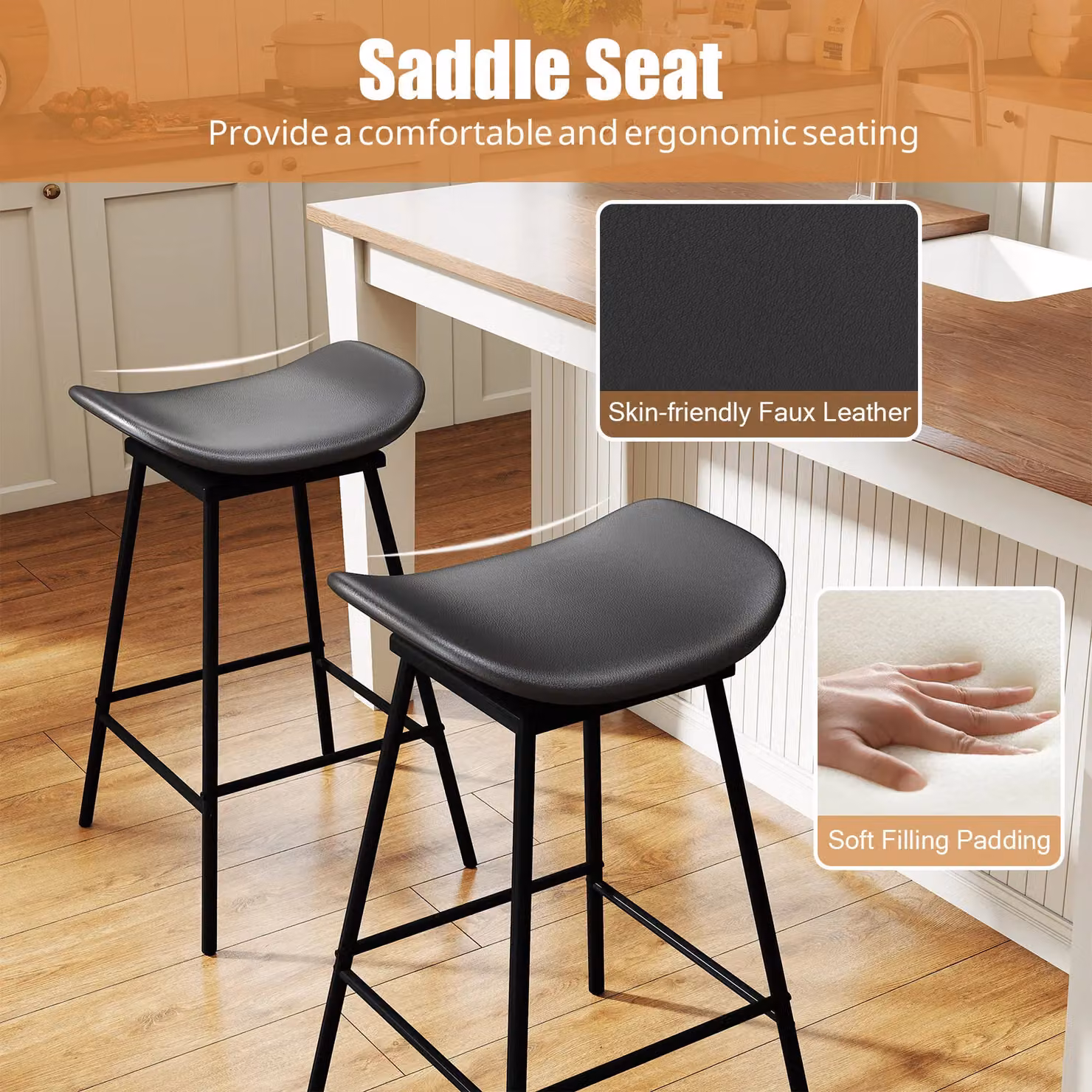 Costway Set of 2 Black Faux Leather Swivel Barstools with Metal Frames – 3
