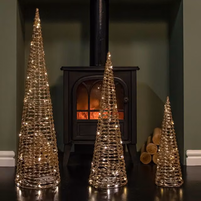 Samuel ALEXANDER Set of 3 Gold Glitter Twist Christmas Cone Trees with 90 Warm White LEDs, Gold – 1