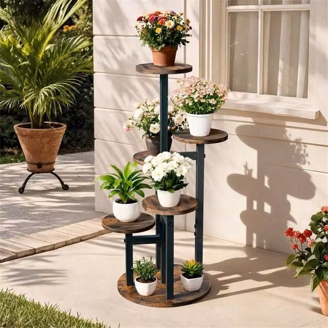 EONLION Round Tall Plant Stand in Brown Vintage Metal and Wood